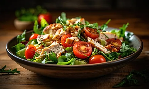 Fresh salad with chicken tomatoes and mixed greens ai generated image
