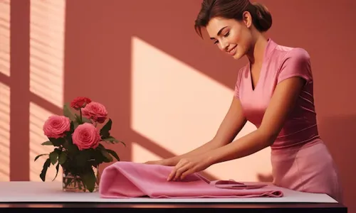 A woman in a pink satin outfit carefully folds pink fabric on a table