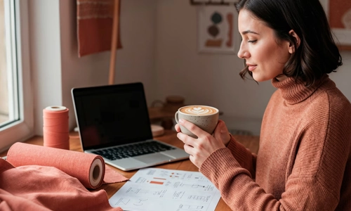 Women Sitting with laptop in a cozy home office setup.