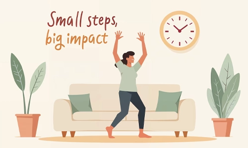 Illustration of a person celebrating small habit changes with the message Small steps, big impact