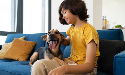 Child happily petting pet dog, showing emotional bond and companionship.