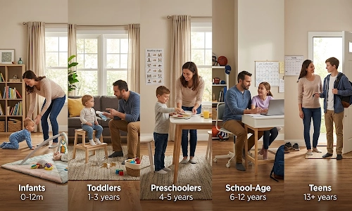 Infographic showing age-appropriate discipline strategies for infants, toddlers, preschoolers, school-age children, and teens