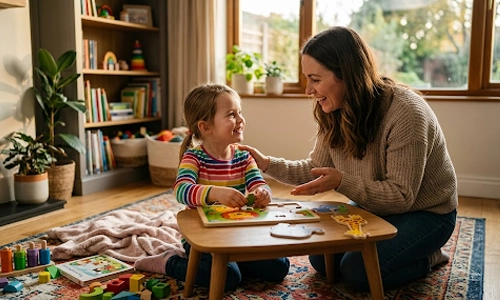 a girl child and her mother supporting her in engaging playing activity in home