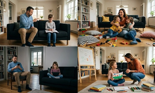 Collage Image of Four parenting scenes showing strict discipline, family playtime, screen time, and supportive learning at home