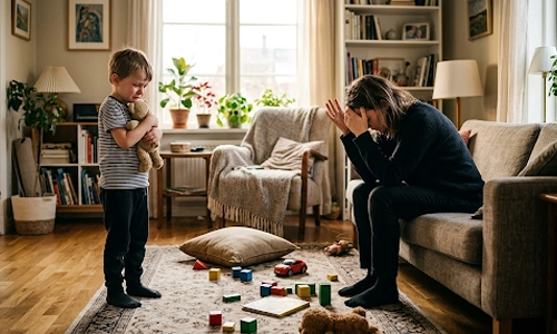 Upset child holding a teddy bear while an overwhelmed parent sits nearby in a messy living room