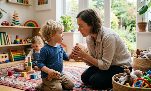 Parent kneeling and speaking calmly with a toddler during playtime at home