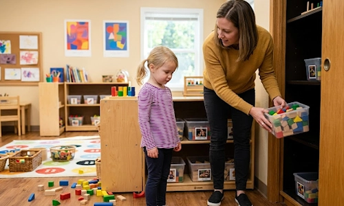 Parent helping a young child put toy blocks into a storage bin after playtime