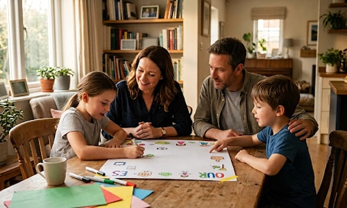 parents helping their kids to draw colour in a big white paper