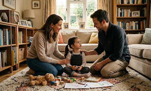 Parents kneeling and talking gently with their young child during playtime at home
