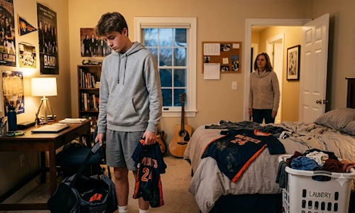 teenage boy and his mother sad for keeping their bedroom unclean.