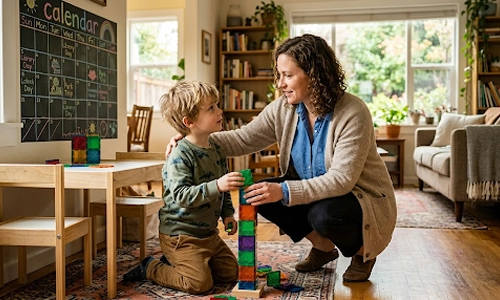 Parent gently redirecting a toddler during playtime