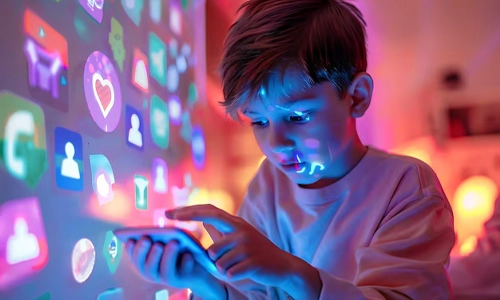 Young boy using a smartphone illustrating cyberbullying risks