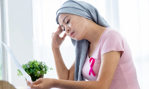 Woman wearing a headscarf and breast cancer awareness ribbon reading a medical report while appearing concerned
