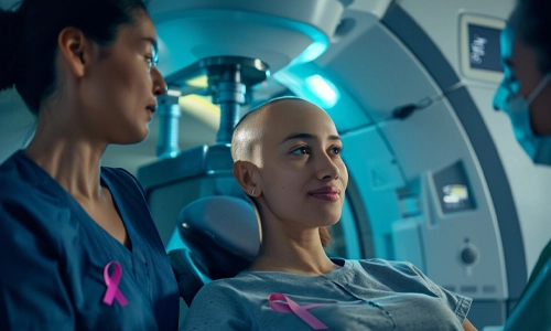 Breast cancer patient wearing a pink awareness ribbon receiving medical care during treatment
