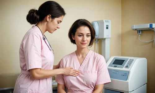 Ai image of a medical professional examining a woman's breast during a breast health checkup.