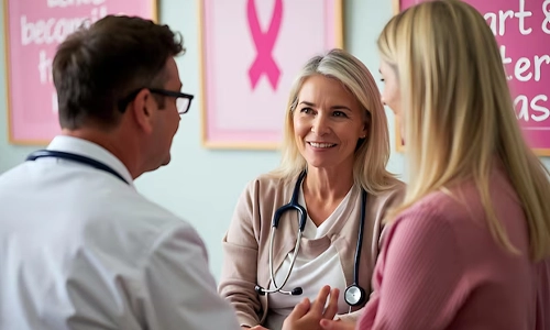 Medical professionals meeting with a patient to discuss breast cancer screening, early detection, and treatment options