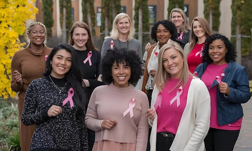 Five diverse women wearing pink t-shirts with pink ribbons are standing together