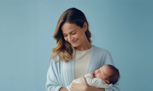 Close-up of a newborn baby with its mother, representing the physical and emotional changes after delivery.