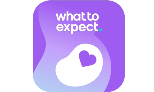 Logo and interface for the What to Expect pregnancy app, featuring OB-GYN-approved content and community forums.