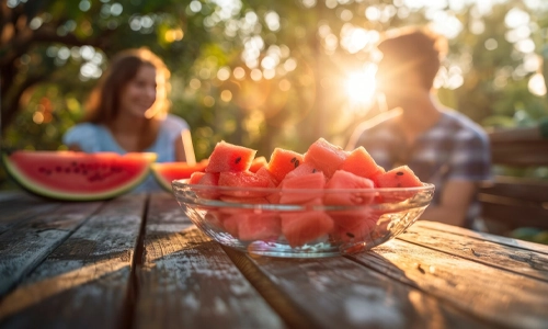 Young people enjoying fresh watermelon together in outdoor natural background